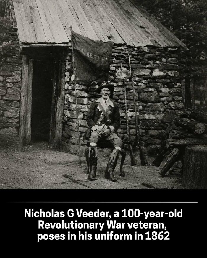 A historical photo of Nicholas G Veeder, a 100-year-old Revolutionary War veteran, posing in his uniform in 1862.
