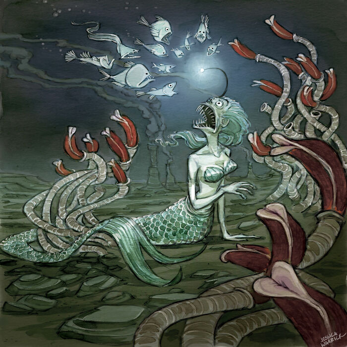 Funny illustration of a mythical creature, a mermaid, surrounded by deep-sea creatures and tube worms.