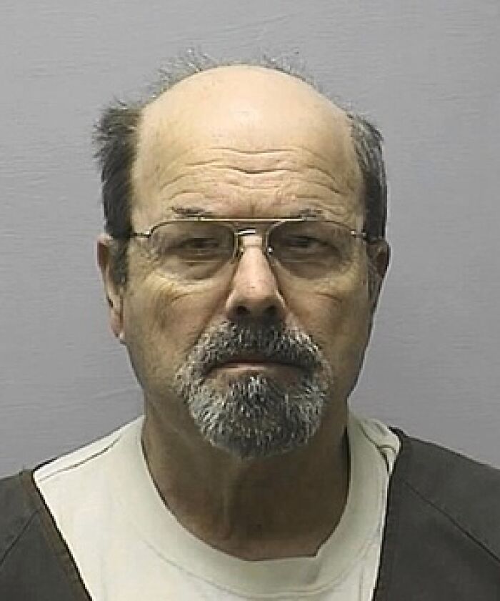 Mugshot of an older man with glasses and serial killer facts theme