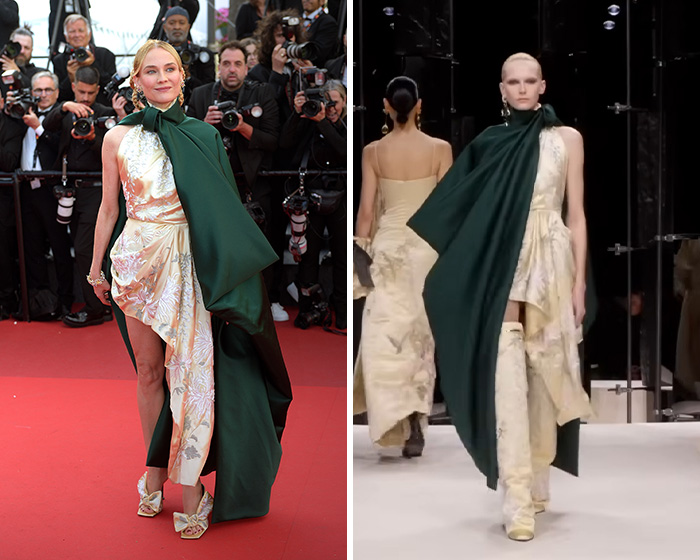 Diane Kruger wearing a dramatic green and white runway outfit on the red carpet.