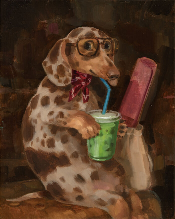 Whimsical animal painting of dog with glasses drinking from cup by Alison Friend