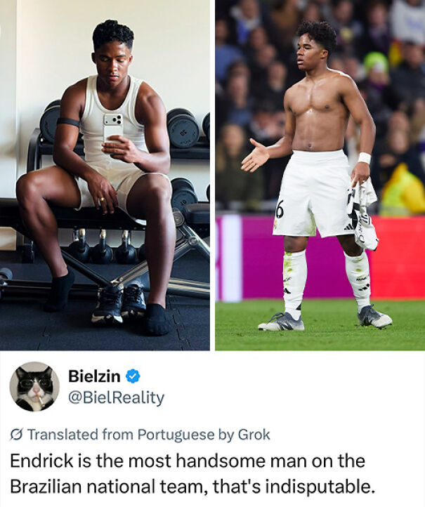 Brazilian national team player Endrick posing shirtless with fan tweet compliment