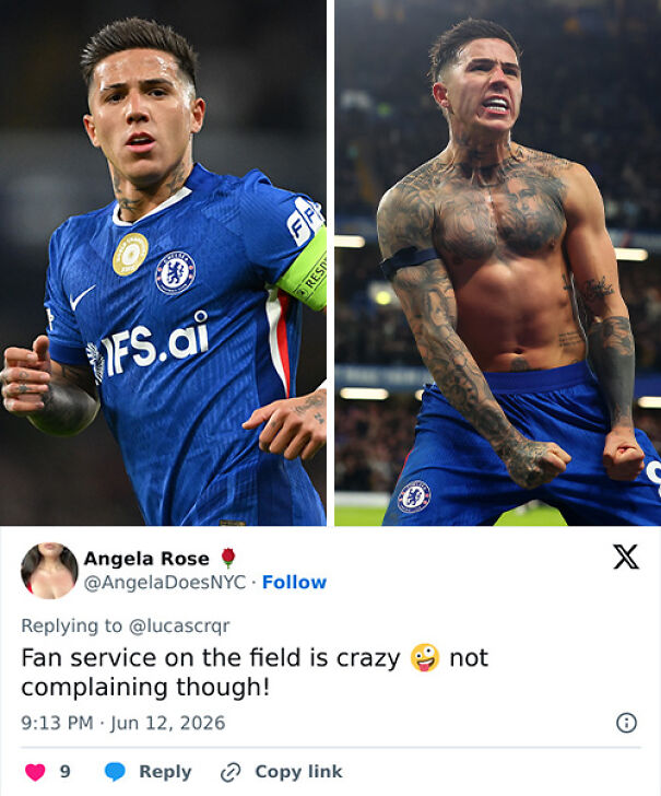 Chelsea footballer in blue kit and shirtless celebrating with fan tweet about fan service