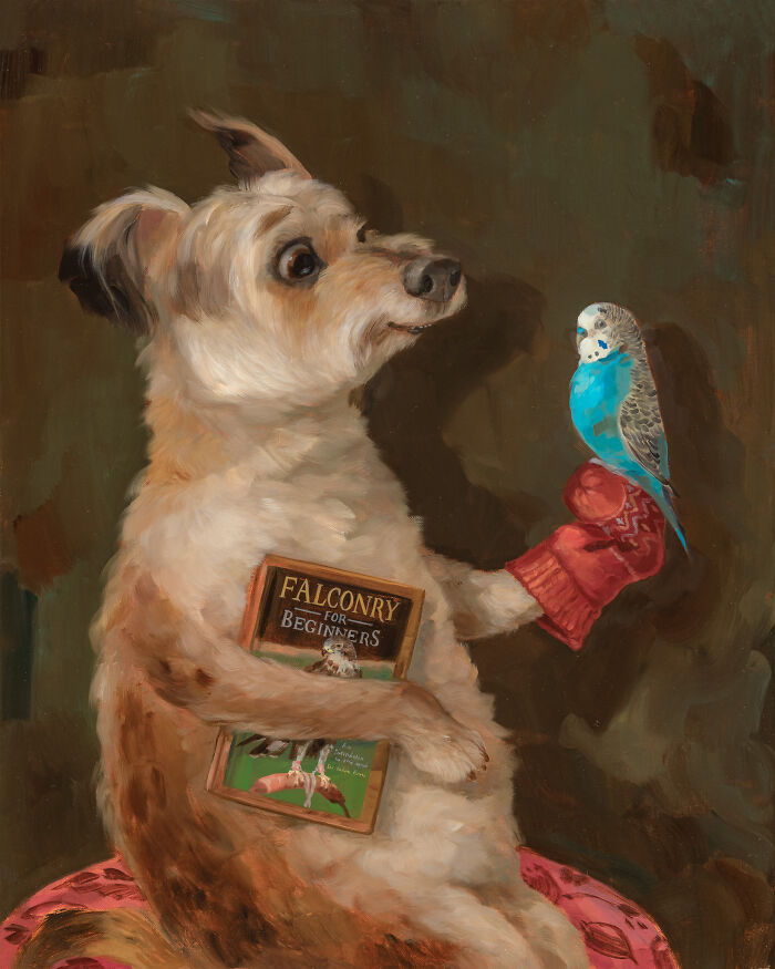 Funny animal painting of a dog holding a bird and falconry book by Alison Friend