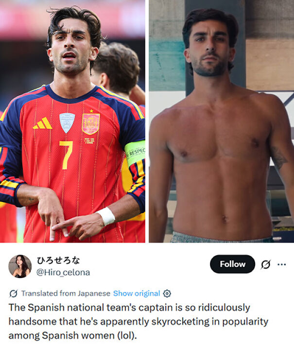 Spanish national team captain in red kit and shirtless off field with fan tweet about popularity