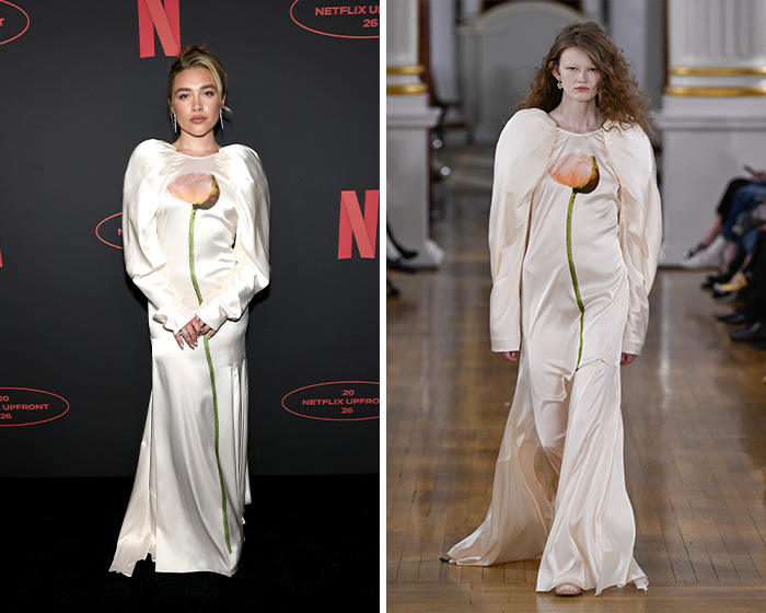 Florence Pugh in an elegant white gown with a floral design, one of many stars who wore runway outfits.