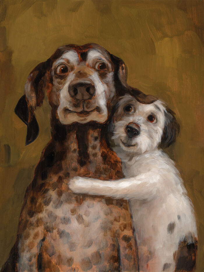 Cute and funny animal paintings of two dogs hugging by Alison Friend