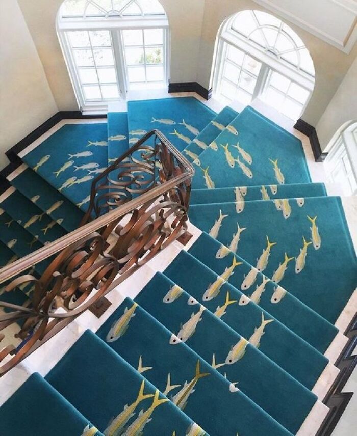 Staircase carpet with swimming fish pattern in cool interior design ideas