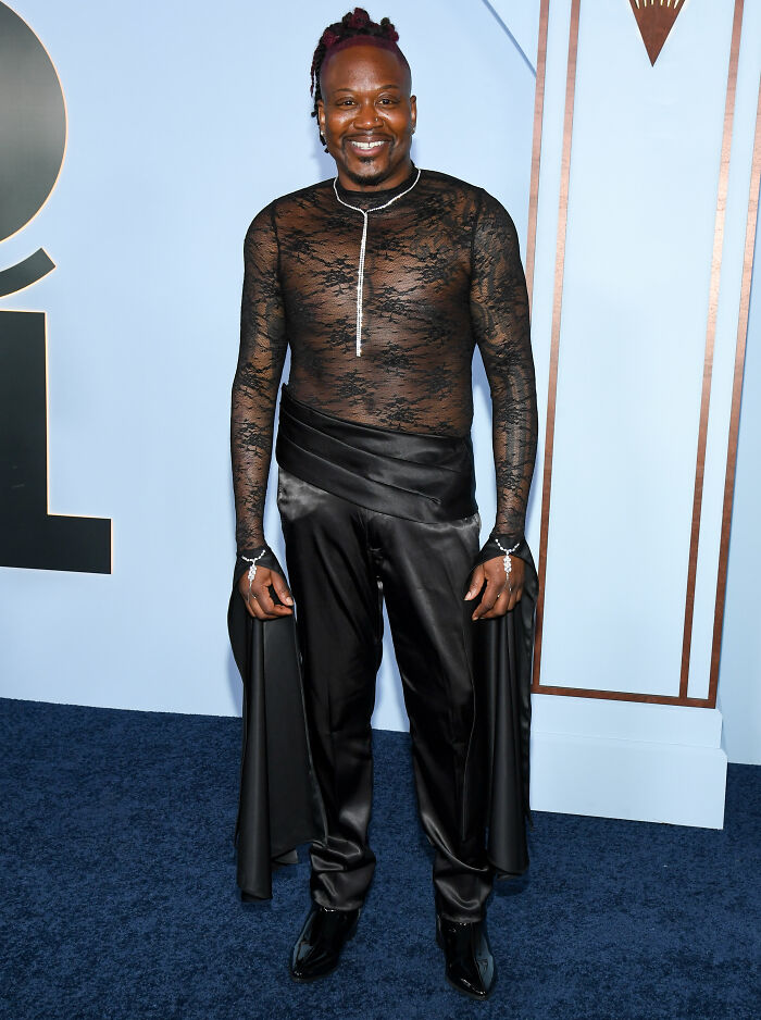 Man wearing black lace top and satin pants at 2026 Tony Awards fashion fails