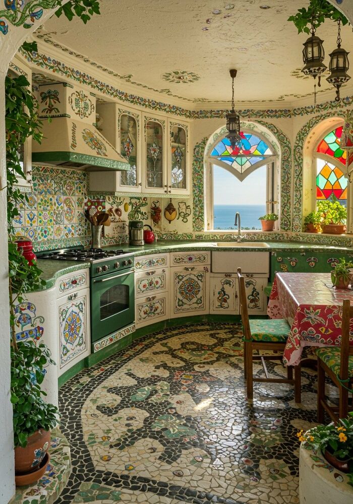 Mediterranean style kitchen with mosaic floor and colorful tile interior design