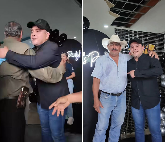 Mayor throwing a Father's Day party, hugging guests and posing with town dads, creating good vibes.