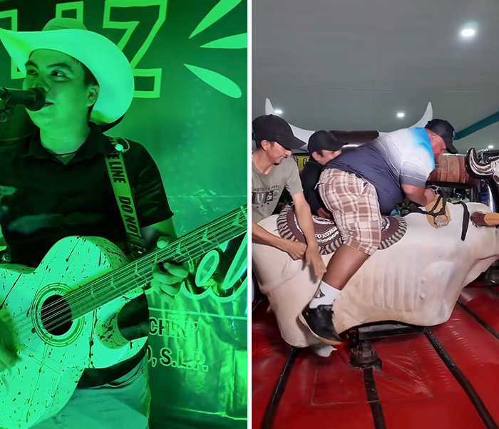 Musician playing guitar and a dad riding a mechanical bull at the Father's Day party.