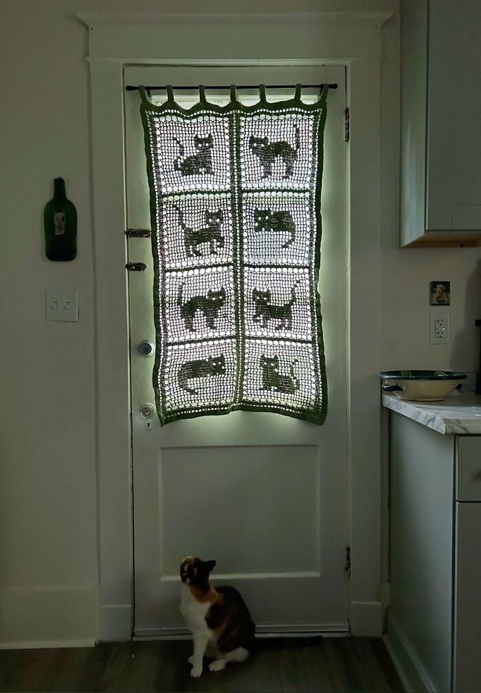 Door curtain with cat patterns and cat sitting indoors