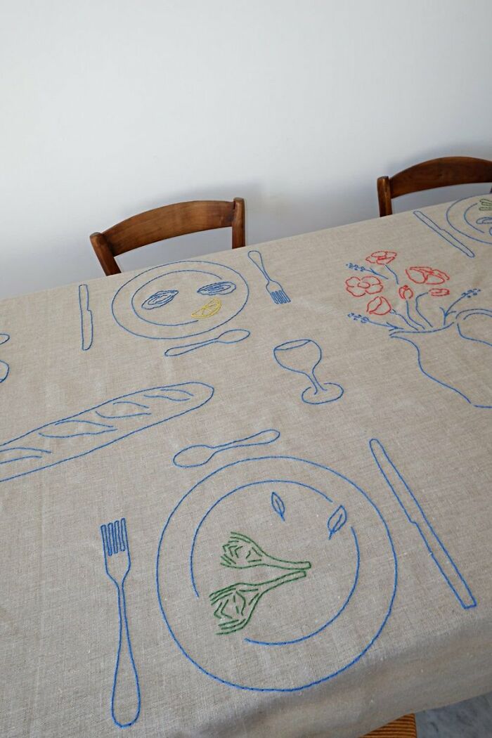 Embroidered tablecloth with kitchen utensils design for interior