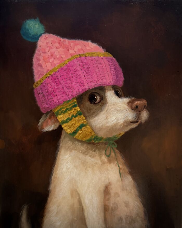 Charming animal painting of a dog wearing a knitted hat by Alison Friend