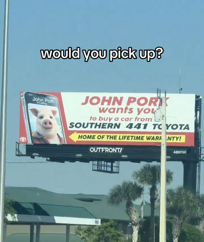 A billboard advertising John Pork wants you to buy a car, a cringe image.