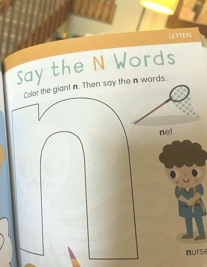 A cringe-worthy image from a children's book showing an unfortunate layout for learning the letter N.