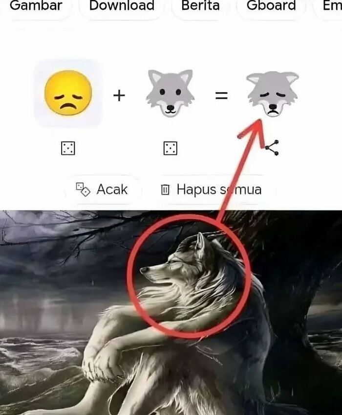 A cringe image showing a sad wolf emoji and a full image of a sad, anthropomorphic wolf under a tree.