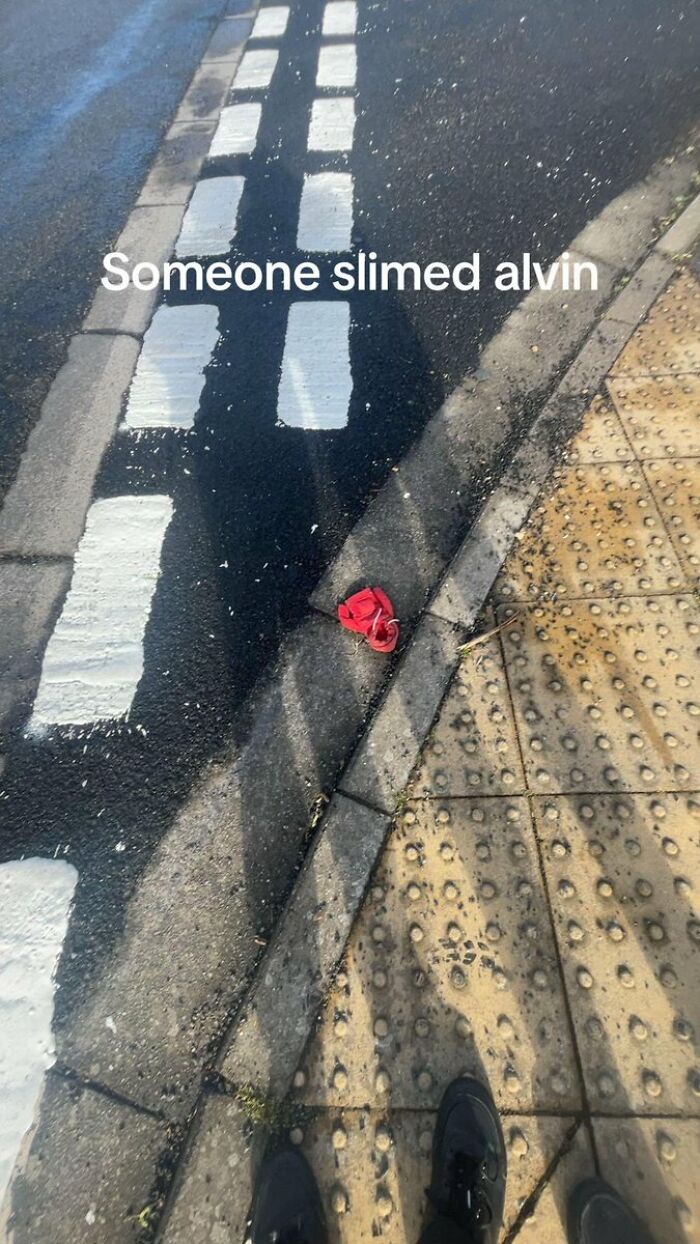A small red Alvin figurine lying on a wet curb next to a road with white markings, a cringe image.