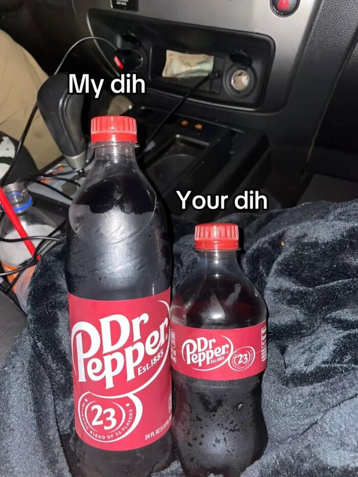 Two Dr. Pepper bottles, one large and one small, on a blanket in a car, representing a cringe comparison.