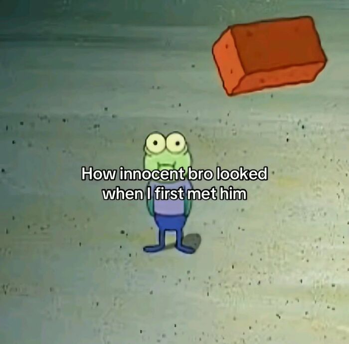 A cringe cartoon character looking innocent, with a brick above its head.