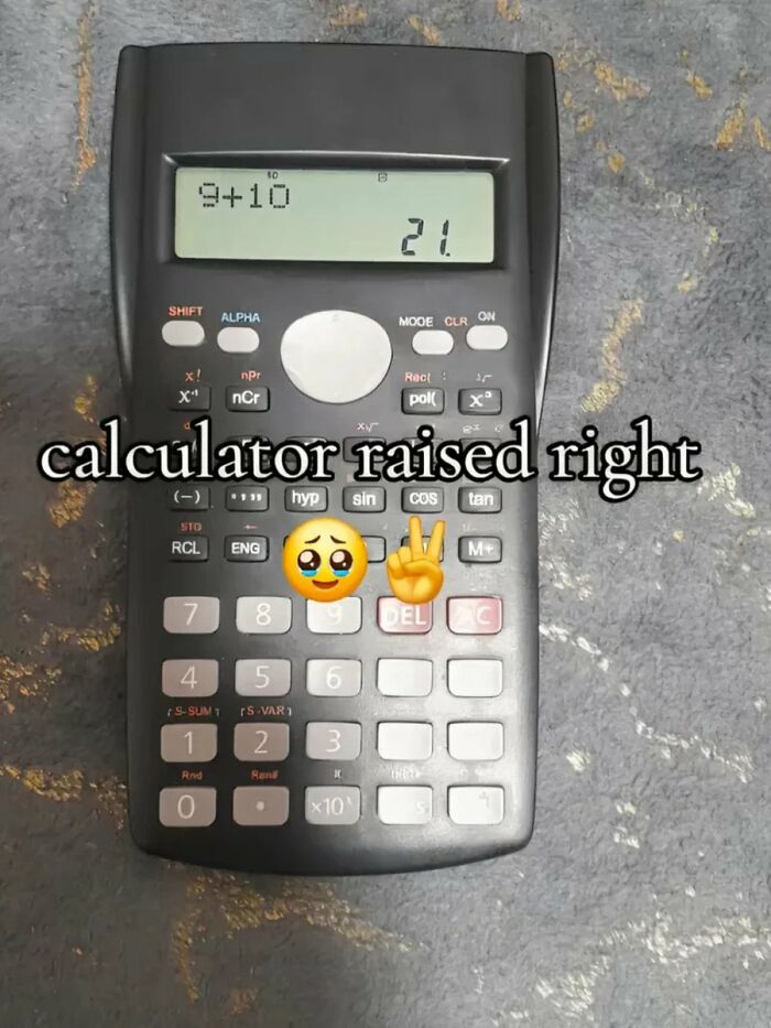 A cringe calculator showing 9+10=21.