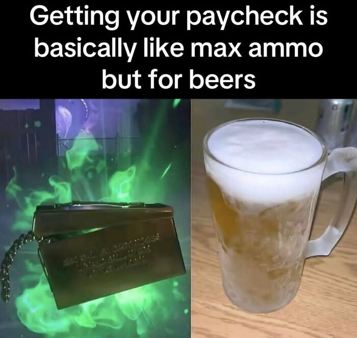 A split image of a glowing ammo box and a mug of beer, a cringe image.