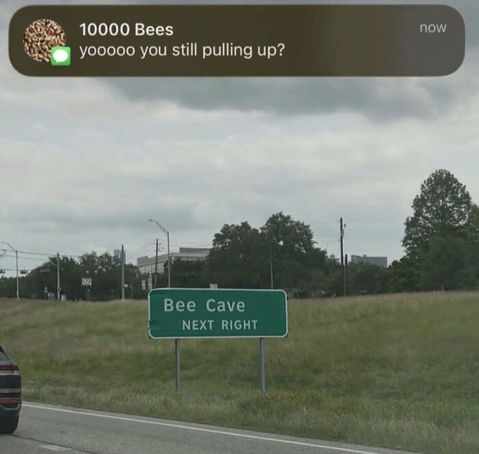 Funny cringe image of a text message from 10000 Bees asking if someone is still coming, with a Bee Cave sign.