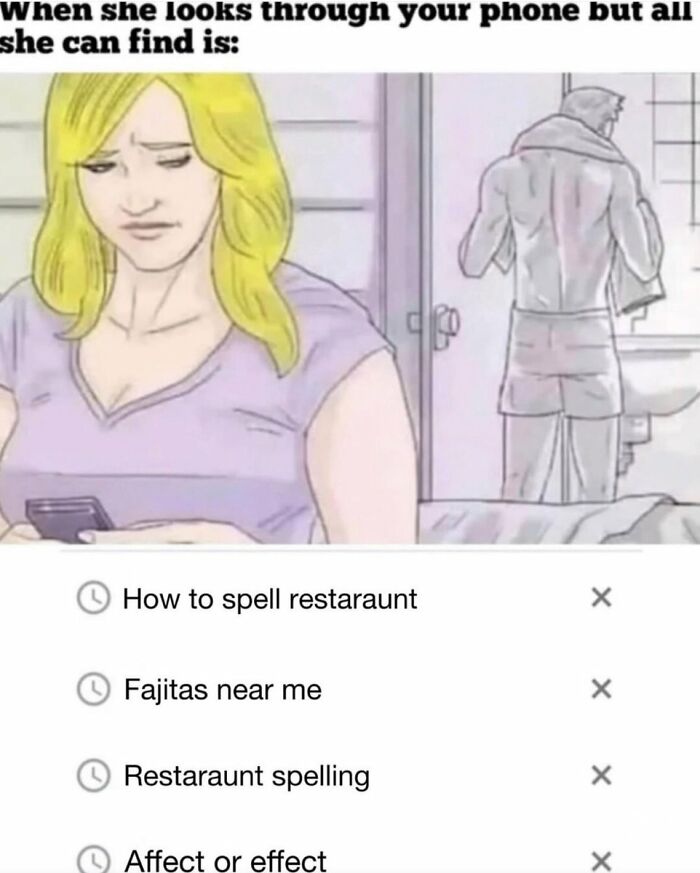 Relatable cringe image of search history with common spelling and grammar questions.