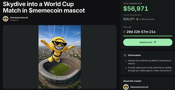 Skydive into a World Cup match in memecoin mascot bounty with $56,971 reward