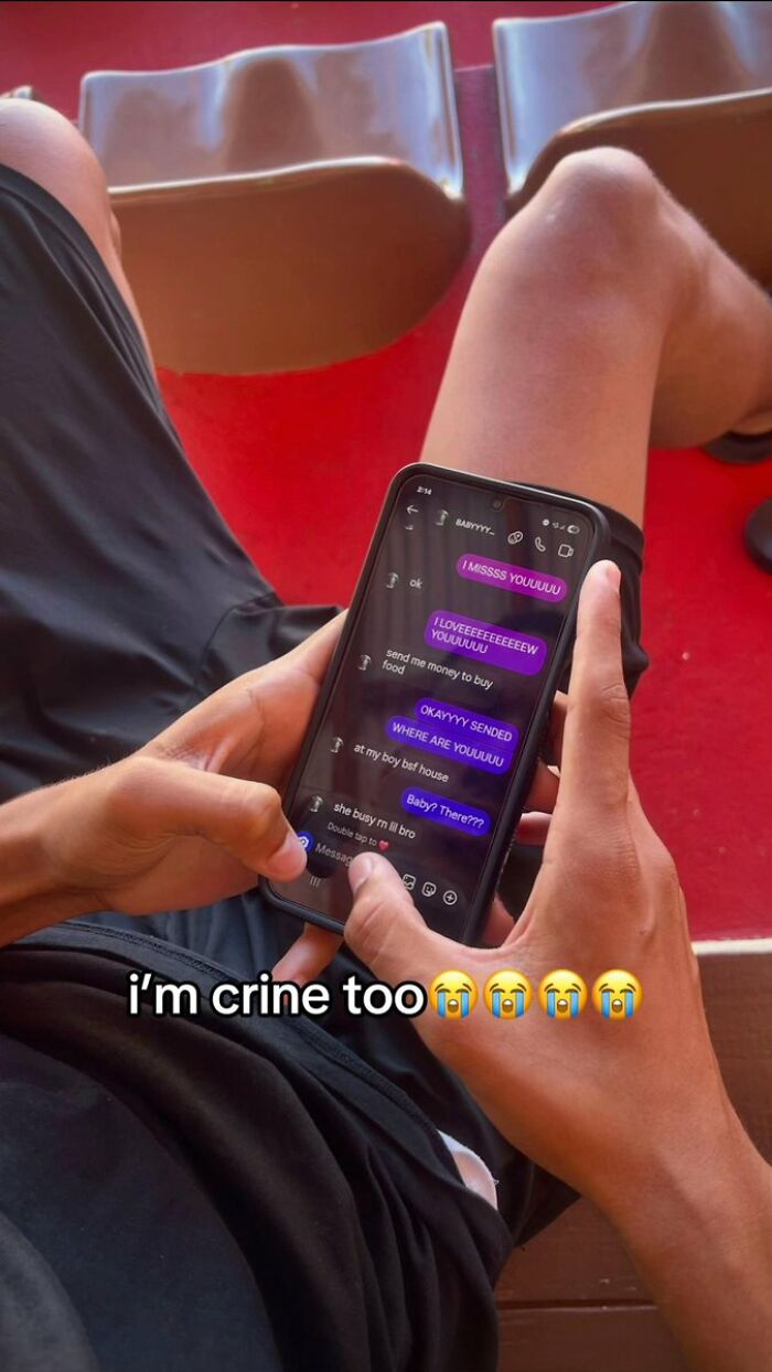 A person holding a phone displays a cringe conversation filled with dramatic, demanding texts.