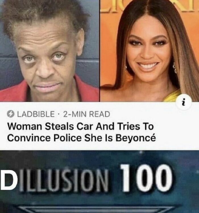 A mugshot next to a photo of Beyoncé with a headline about a woman stealing a car claiming to be Beyoncé, a cringe image.