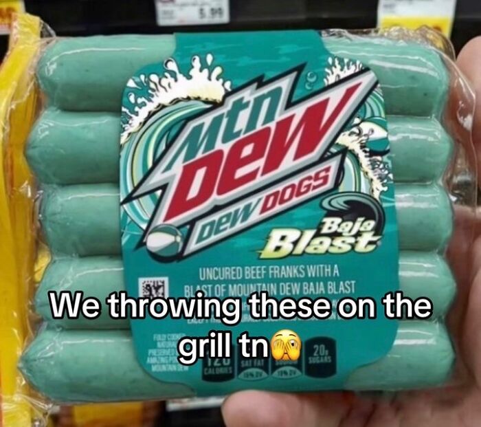 A cringe image of Mountain Dew Baja Blast flavored hot dogs in a package, an unusual food combination.