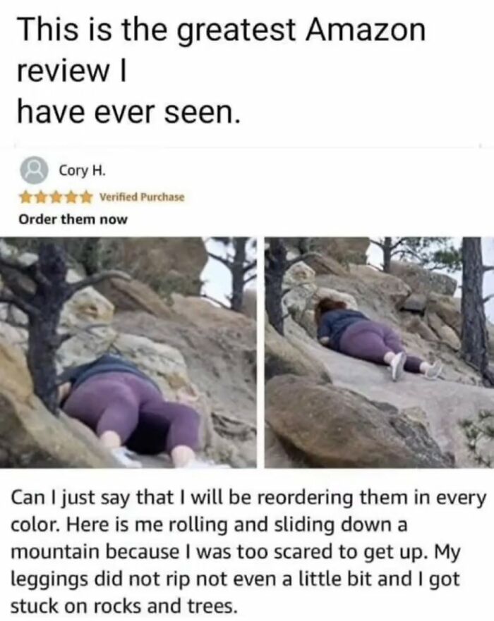 A split image showing a woman in purple leggings rolling down a rocky hill, which is a cringe review causing physical pain.