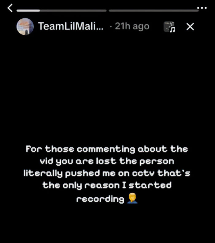Screenshot of a social media post where a Male Karen states he was pushed, explaining why he was filming on the staircase.