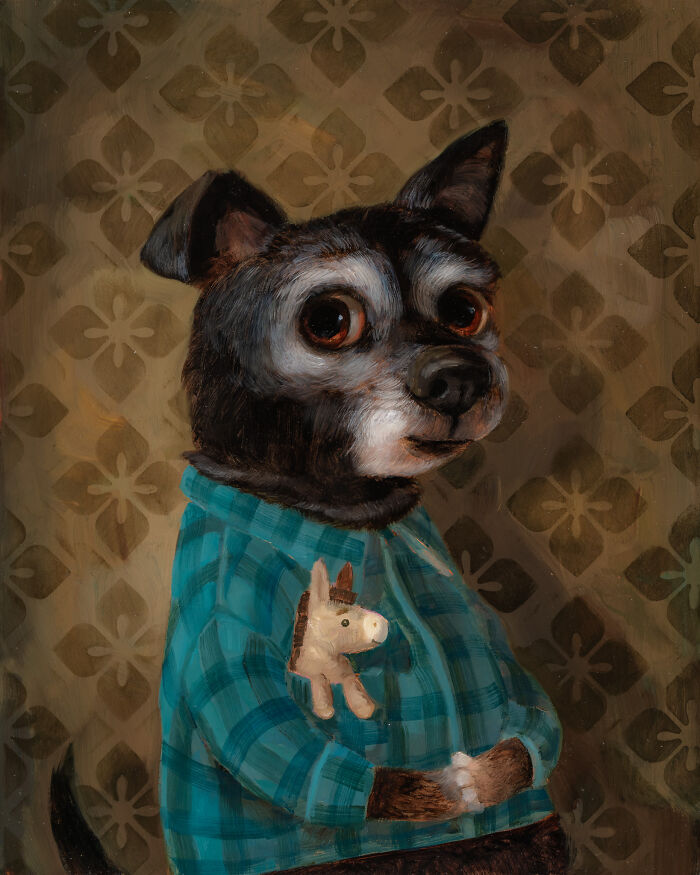 Whimsical dog portrait in blue sweater with a toy horse by Alison Friend