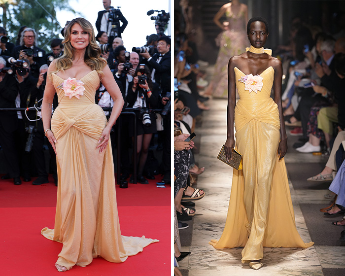 Heidi Klum in a flowing yellow gown with a pink flower, next to a model wearing the same runway outfit.