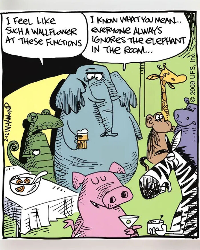 Dave Whamond comic with various animals at a party, including an elephant and a wallflower, reflecting human nature.