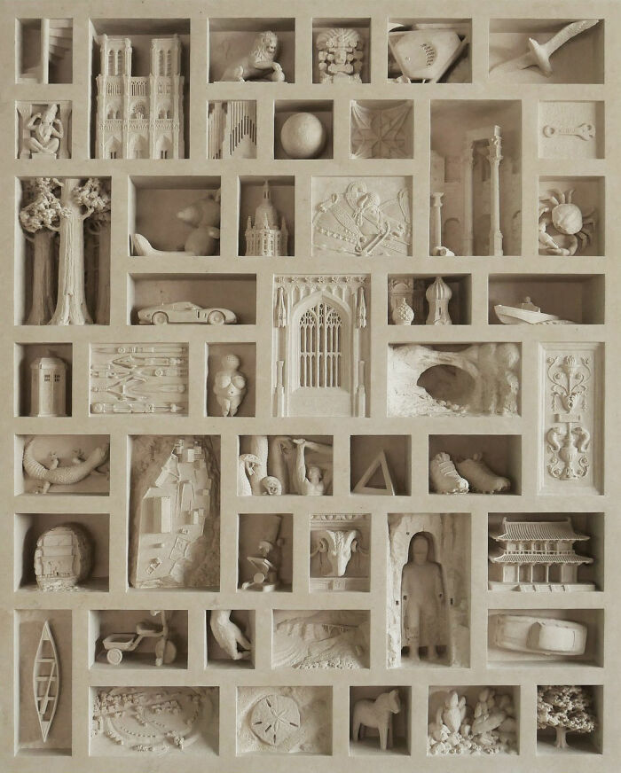 Artist carves tiny architectural models of ancient and classical buildings into solid stone, with many detailed miniatures.