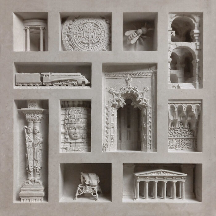 Artist carves tiny architectural models of ancient buildings into solid stone, featuring various miniature structures.