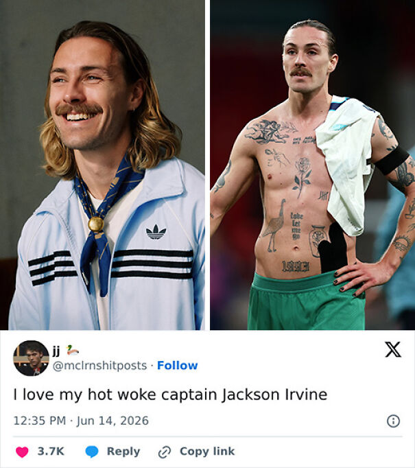 Shirtless tattooed football captain Jackson Irvine and smiling portrait with fan tweet admiration