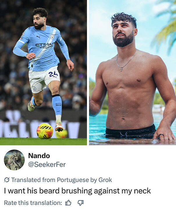 Bearded World Cup 2026 player in Manchester City jersey and shirtless in pool