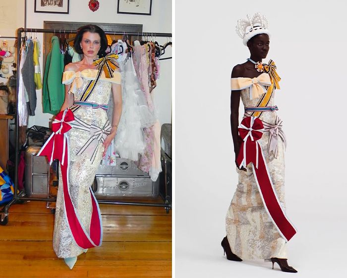 Julia Fox in a white and gold gown with large bows, next to a model wearing the same runway outfit.