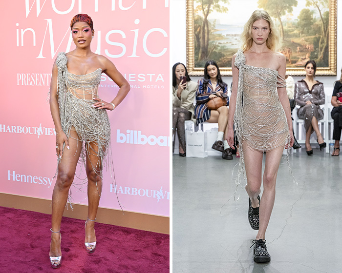 Keke Palmer and a model both wore matching metallic beaded runway outfits.