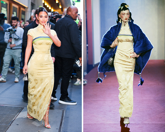 Kim Kardashian in a long yellow dress, next to a model wearing the same runway outfit.