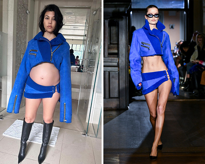 Kourtney Kardashian and a model both wore matching blue cropped runway outfits.
