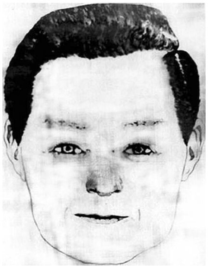 Police sketch drawing of a serial killer face with dark hair