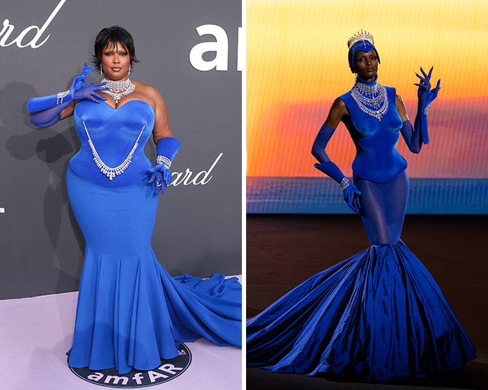 Lizzo wearing a royal blue runway outfit embellished with diamonds, next to the original runway outfit.