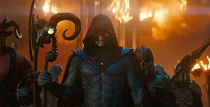 Skeletor and henchmen in fiery battle scene from Masters Of The Universe movie Skeletor and henchmen in fiery battle scene from Masters Of The Universe movie