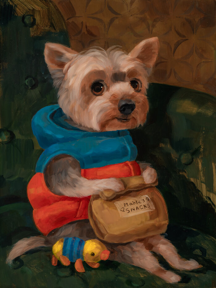 Adorable dog painting with a snack bag and toy by Alison Friend